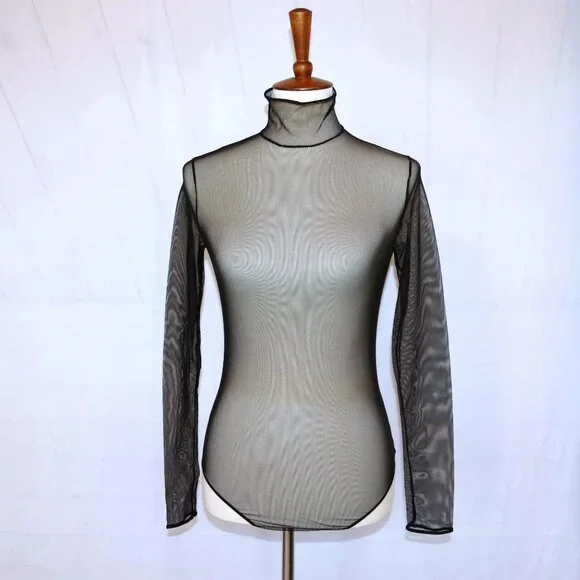 AKRIS Mock-Neck Illusion Sheer See Through Long-Sleeve Mesh Bodysuit - Picture 1 of 12